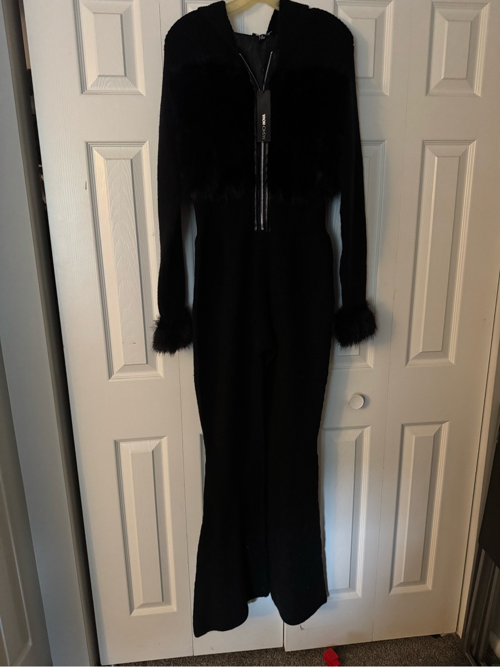 Fashion Nova Black Knit Jumpsuit with Faux Fur Trim